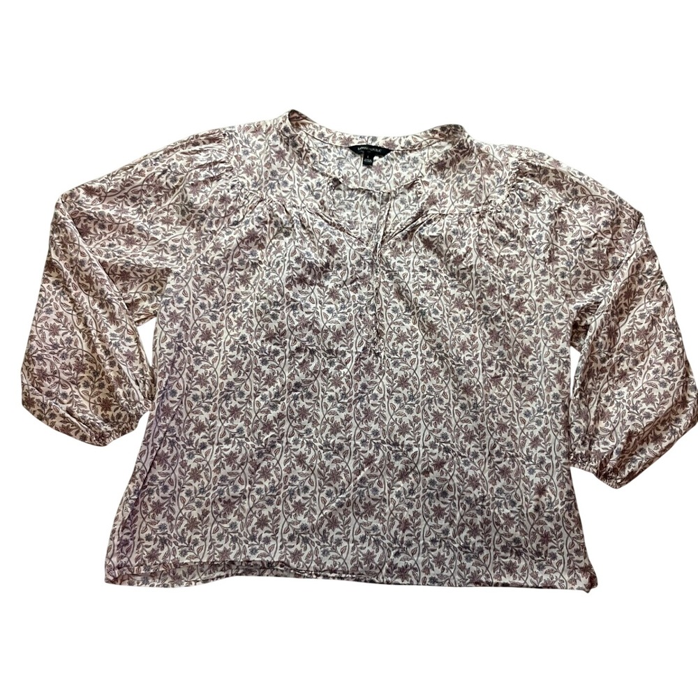 Banana Republic Floral Cotton Peasant Blouse Large Cream Pink Tan Split Neck